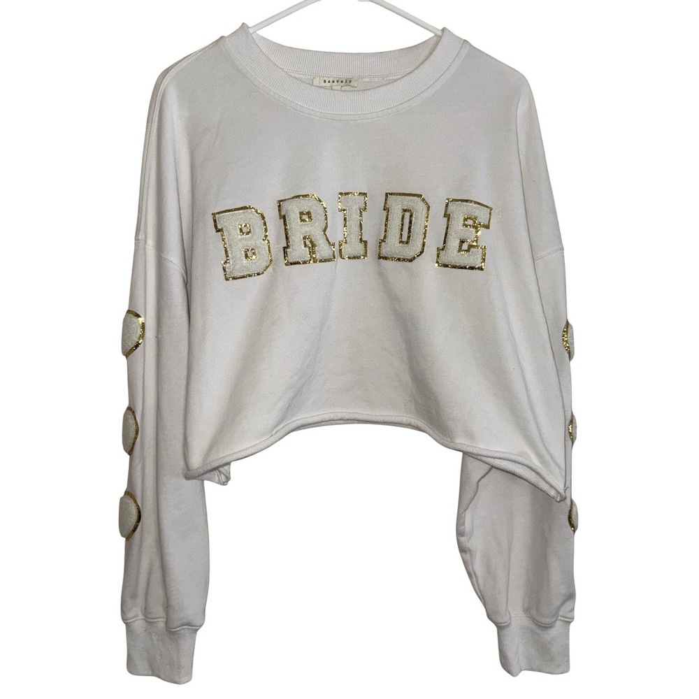 BRIDE Varsity Letter‎ Patch 3D Croppd White Crewneck with Heart Sleeves Size L